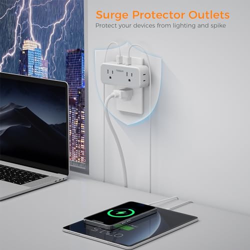 Surge Protector Outlet Extender, TESSAN Multi Plug Outlet Splitter with 4 Electrical Outlets 3 USB Blocks(2 USB C), Flat Multiple Wall Plug Expander for Bathroom Home Office Dorm Room Essentials