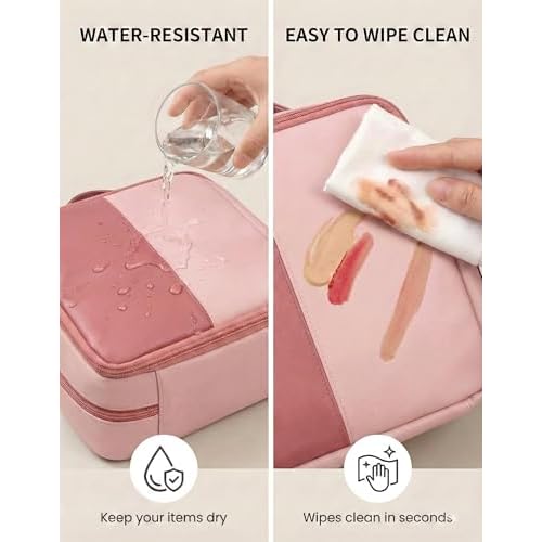 Large Standing Makeup Bag, Sturdy PU Leather Cosmetic Organizer with Fold-Down Phone Tray, Waterproof Travel Toiletry Case with Wipeable TPU Brush Holder, 9.5 Inch, Pink