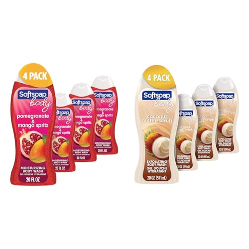 Softsoap Body Wash, Pomegranate & Mango Spritz Body Wash, 20 Fl Oz & Body Wash, Coconut Butter Scrub, Exfoliating Body Wash, 20 Ounce, 4 Pack