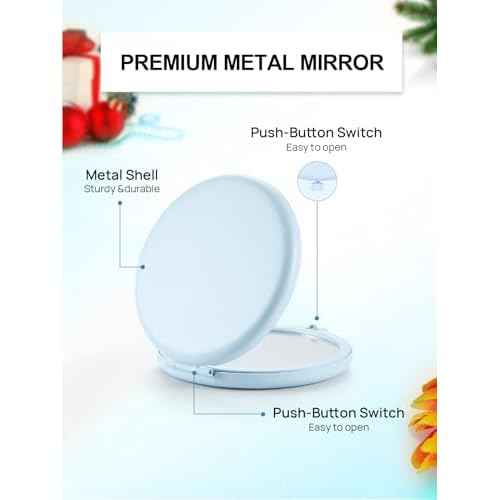 Compact Mirror for Purse, Double-Sided 1X/2X Magnifying Metal Pocket Makeup Mirrors(Round, Light Blue)
