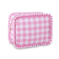 Large Pink Gingham Ruffle Makeup Bag for Women | Travel Organizer