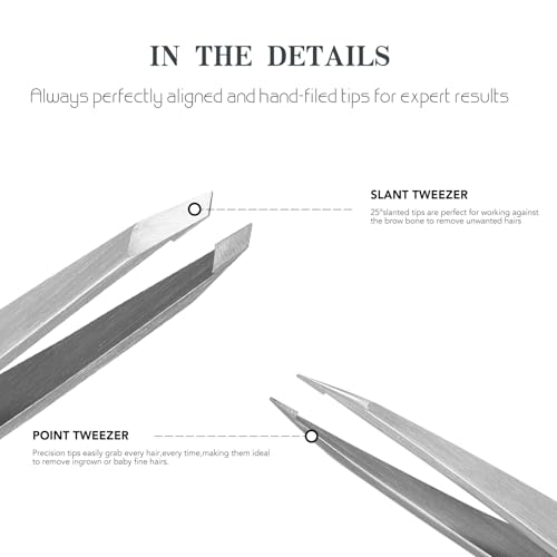 Cut it Precision Tweezers Set with Travel Case - Pointed & Slant Tips for Eyebrow & Facial Hair Removal
