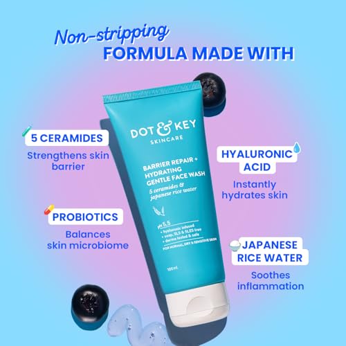 Dot & Key Hydrating Gentle Face Wash | Ceramide Face Cleanser | For Dry, Normal & Sensitive Skin | Unisex | 3.38 fl oz (100 ml)