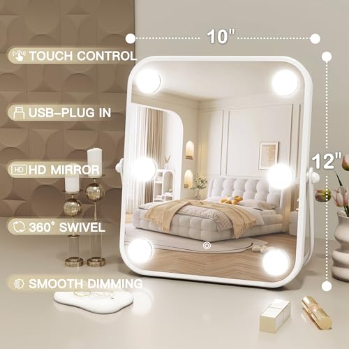 ROLOVE Vanity Mirror with Lights, Hollywood Makeup Mirror with Light, 10"x12" Lighted Desktop Makeup Mirror with 6 Dimmable LED Bulbs, Cosmetic Makeup Mirror with Stand, Smart Touch Control