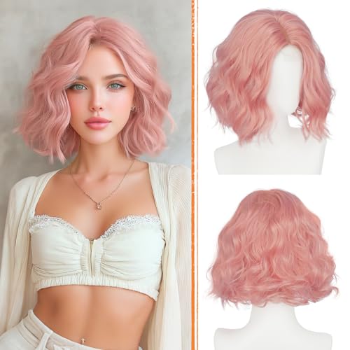 Haloo Pink Bob Wig for Women - Short Soft Wavy Lace Front 11 Inch