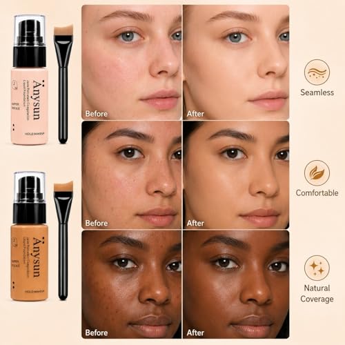 MooGlamor Full Coverage Liquid Foundation #03 Peach Beige with Built-In Brush