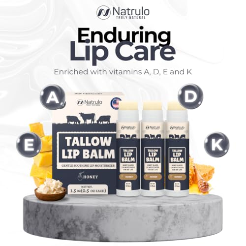 Beef Tallow Lip Balm ? Natural Tallow Beeswax Chapstick ? Hydrating Moisturizer Grass Fed Bison Tallow Balm Lip Care ? Soothes Chapped Dry Lips, Sensitive Skin ? Long Lasting Vitamin Rich USA-Made 3Pk
