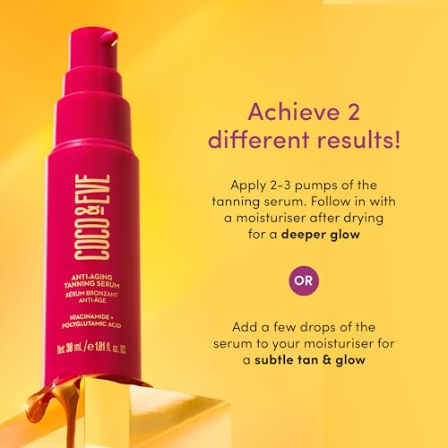 Coco & Eve Anti-Aging Tanning Serum - Face tanner with Skincare Actives for Gradual, Hydrating Glow. Natural Self Tanning Bronzer, with Niacinamide & Antioxidants for Healthy Glowing Skin (1.01 Fl Oz)