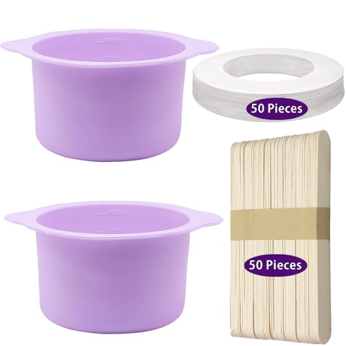2pcs Silicone Wax Warmer Liner & 50 Pcs Waxing Sticks Body Hair & 50 Pcs Protective Collars Ring Removal Sticks Applicator Easy to Clean Non-Stick Wax Pot Silicone Bowl