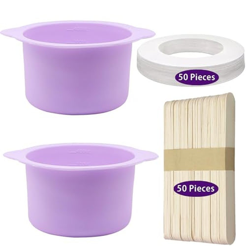 2pcs Silicone Wax Warmer Liner & 50 Pcs Waxing Sticks Body Hair & 50 Pcs Protective Collars Ring Removal Sticks Applicator Easy to Clean Non-Stick Wax Pot Silicone Bowl