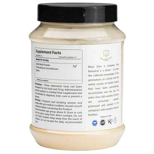 bixa BOTANICAL Ayurvedic Natural Herbal Supplement Safed Musli Powder Pure Authentic Premium Quality | Gluten Free, Non-GMO, Steam Sterlized, Vegan (16 Ounce (Pack of 1), Safed Musli Powder)