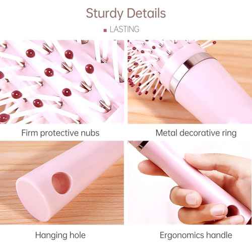 Curly Hair Brush for Women, Barrel Round Hairbrush for Quick Blow Dry Travel Size for On-the-go, Detangler Brush for Hurt-free Detangling on All Hair Vibes, Pink, 1 Pack