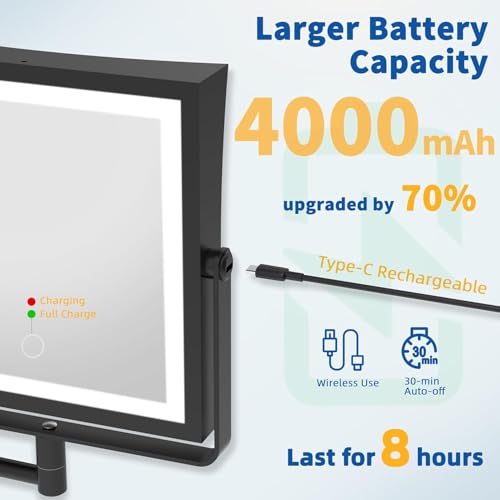 Ruacq Rechargeable Wall Mounted Makeup Mirror with Lights, Double Sided 1X/10X Magnifying Vanity Mirror with 3 Color Lighting, Touch Screen Dimmable, 360¡Æ Rotation Extension Foldable Arm(Matte Black)