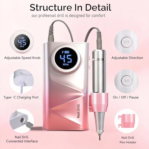 Professional Electric Nail Drill, 45000 RPM Portable Rechargeable Nail FileMachine for Acrylic Nails, E-File Electric Nail File Kit with Battery & LCD Display (Pink-Gradient)
