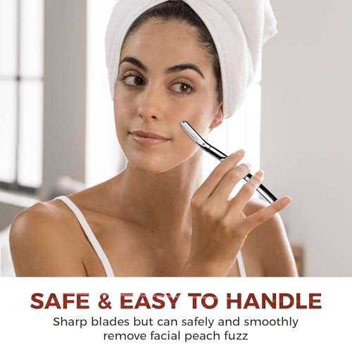 ZOMCHI Eyebrow Razor and Face Razor for Women and Men, Reusable Metal Handle with 11 Refill Blades, Dermaplane Razor with Protective Silicone Cap, Eyebrow Hair Trimmer - Polished Silver