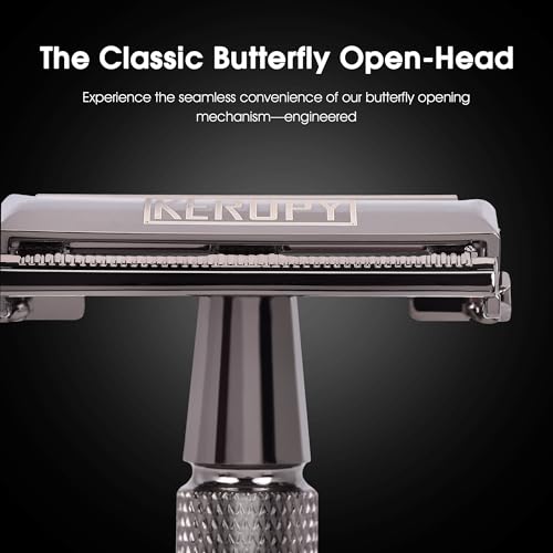 Double Edge Safety Razor with 10 Disposable Blades, Butterfly Open Head Features - Washable Reusable Metal Razor, Ergonomic Design Portable Shaving Kit for Beard Shape Up - Gloss Black