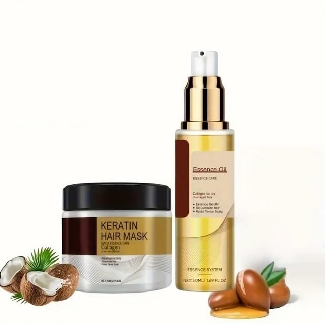 Professional Keratin Hair Treatment Set with Mask & Oil for All Hair Types