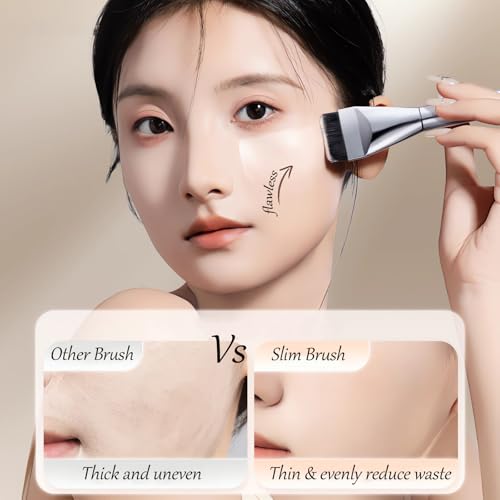 Korean Spatula Foundation Brush Set Ultra-Slim Flat Head Kabuki Brush Non-Absorbent Concealer Brush Foundation Brush for Blending Liquid, Cream or Flawless Makeup Application with 2 Puffs