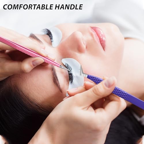 Fiber Tip Lash Tweezers-SialBE Diamond Grip Eyelash Tweezers, Straight and L-Shape Tweezers for Lash Extensions, 2 Pcs Stainless Steel Lash Extension Tweezers For Lash Experts and Personal Use