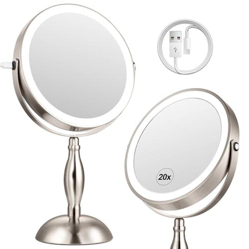 20x Magnifying Mirror with Light, 5000mAh Lighted Makeup Mirror with 3 Color Modes and Adjustable Brightness, Side Charging Port & SideTouch Sensor, 360¡Æ Rotation -Brushed Nickel