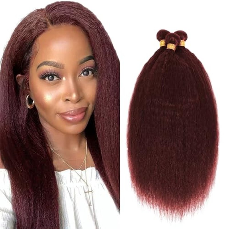 #99J Burgundy Yaki Straight Human Hair Bundles - 14/16/18 Inch