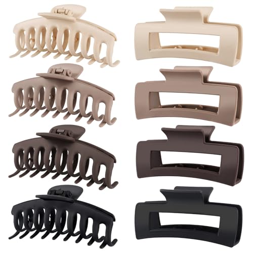 TOCESS Large Hair Claw Clips for Women Girls, 8PK Neutral Matte Jumbo Square Hair Clips for Thick, Thin, Long, Short, Curly Hair, Big Jaw Clip Set for Daily Use