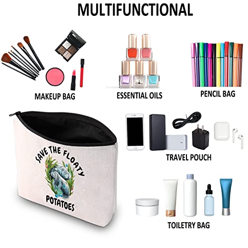 G2TUP Manatee Lover Gift Save The Floaty Potatoes Manatee Makeup Bag Manatee Mom Cosmetic Bag Ocean Animal Lover Gift Sea Cow Travel Bag with Zipper (Save The Floaty Potatoes White Bag 1.0)
