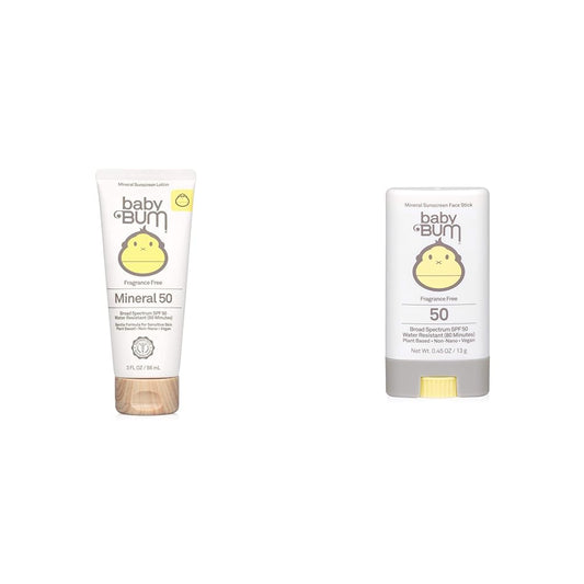 Sun Bum Baby Mineral SPF 50 Sunscreen Lotion 3 FL OZ and Mineral SPF 50 Sunscreen Stick 0.45 OZ Travel Size Bundle