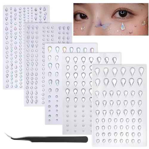 Face Gems Self-Adhesive Water Drop Rhinestone Jewels Stickers for Makeup, Teardrop Stick-on Pearls Hair Gems for Women Festival, Hair, Eye, Nail, Body Decorations Accessory