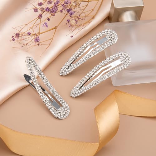 HINZIC 4Pcs 2.4Inch Rhinestone Hair Clips Silver Snap Hair Barrettes Water Drop Wedding Prom Engagement Dance Party Hair Pins Decorative Hair Pins Accessories for Women Teen Girls Bridal