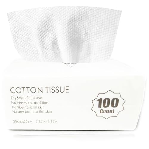 Cotton Facial Dry Wipes 100 Count, Deeply Cleansing Disposable Face Towel Cotton Tissue, Multi-Purpose for Skin Care, Facial Tissue for Cleansing, Skincare and Makeup Remover