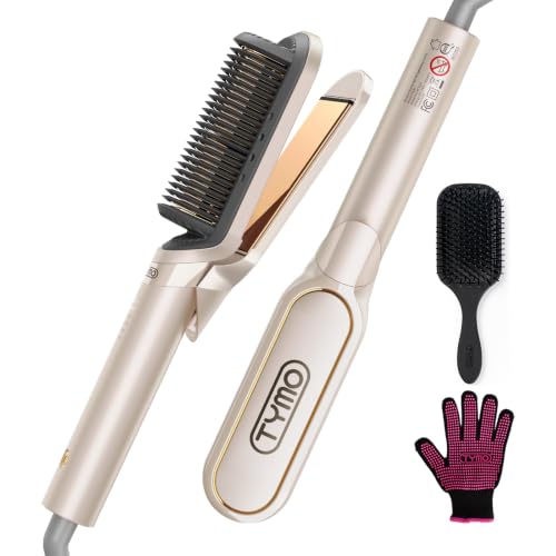 TYMO Flat Iron Hair Straightener Brush 2-in-1 Gold - Ionic Ceramic Hot Comb
