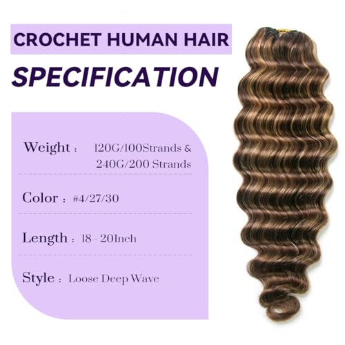 MsFan Human Hair Crochet Extensions Loose Deep Wave 4/27/30 120G 18 Inch - 100Strands