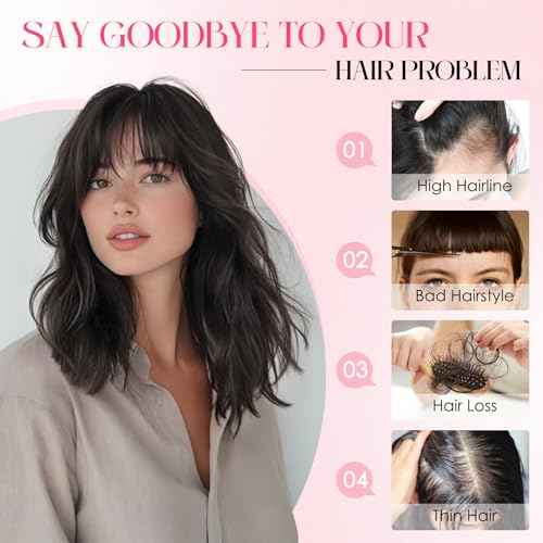 S-noilite Real Human Hair Topper with Bangs 360¡Æ3D Cover Hair Toppers for Women with Wispy Bang Natural Black Clip on Bangs for Daily Wear