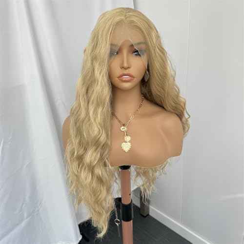 RDY Ash Blonde Long Body Wave Lace Front Synthetic Wig 24inch Mix Blonde Loose Wavy Lace Front Wigs for Women Heat Fiber Hair Half Hand Tied Cosplay Daily Use Wig