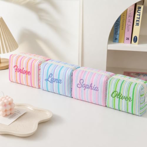 Custom Embroidered Rainbow Seersucker Makeup Bag