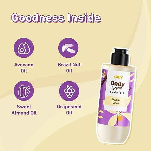 Plum Vanilla Body Oil with Avocado Oil, Coconut Oil & Carrot Seed Oil, 100% Pure Moisturizing Oil, Detoxifying, Omega-3 Fatty Acids, Vitamins A, D, E for Nourishing, Paraben & Silicone Free, 6.7 Fl Oz