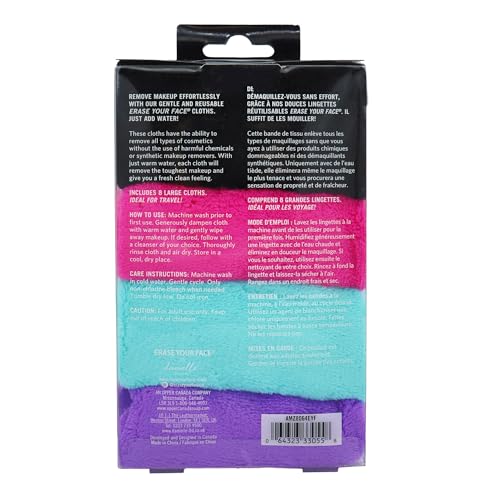 ERASE YOUR FACE Makeup Remover Cloths - Reusable Microfiber Face Towels to Cleanse & Remove Makeup - Water Activated, Dual-Sided Design for Easy Use, Great Bachelorette & Bridesmaid Gift (8 Count)