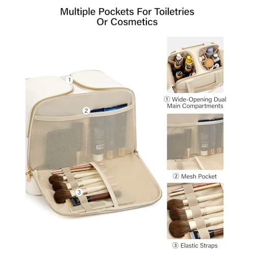 Hanke Travel Toiletry Bag, Lightweight Wide-open Large Toiletry Bags for Women, Dual-Layer Makeup Bag Water-Resistant Cosmetic Travel Bag with Handle for Accessories, Essentials, Off White