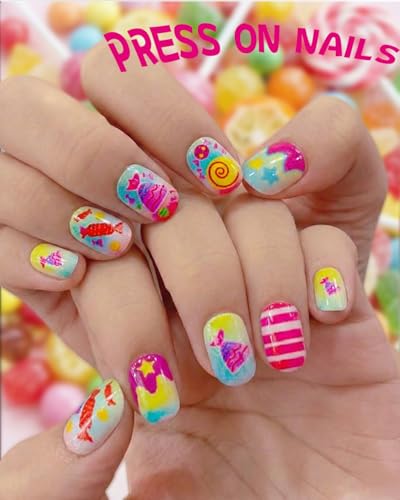 ABOLINE 229Pcs Nail Kit: 216 Short Press-On Nails with Glue & 9 Nail Tabs, Fruit Style for Girls
