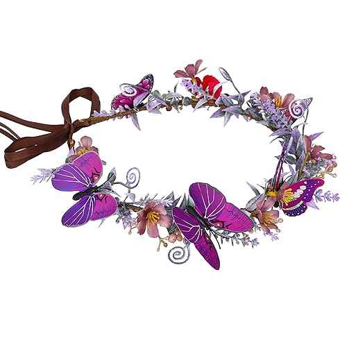 MOSTORY Handmade Purple Butterfly Flower Crown - Fairy Headband Floral Elf Crown Woodland Circlet for Women Girls Renaissance Halloween Festival Cosplay Party Photo Shoot