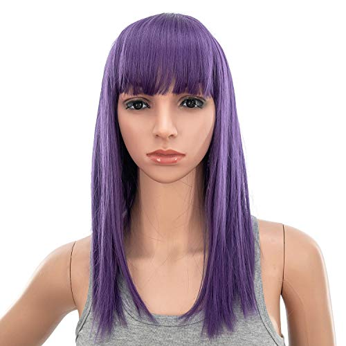 SWACC Short Straight Wig 14 Inch with Blunt Bangs and Purple Shade for Women