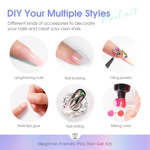 ROSALIND 28 Colors Poly Nail Gel Kit with Mini Lamp Clear Neon Christmas Poly Nail Gel Starter Kit for Beginners Halloween All Seasons Classic Colors with Everything