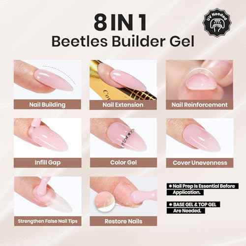 Beetles Builder Gel for Nails,0.51 oz 8 in 1 Jelly Nude Nail Thickening Strengthening Building Apex for Beginner DIY Salon at Home, Pink Builder Nail Gel, UV & LED Lamp Cured