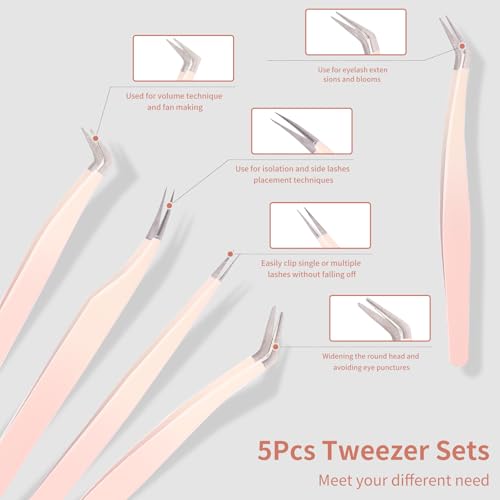 5 Pcs Eyelash Extension Tweezers Set - Straight & Curved Precision Lash Tweezers for Professionals & Beginners