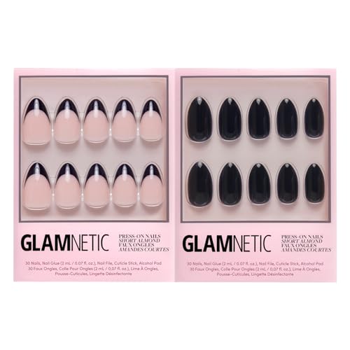 Glamnetic Press-On Nails Bundle - Caviar & Boba | Semi-Transparent, Short Almond Nails, Reusable | Opaque Black Short Almond Nails | Reusable Nail Kit with Glue
