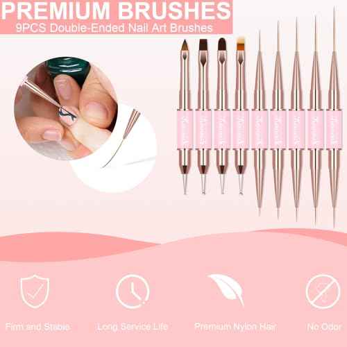 Nail Art Brush Set, 9PCS Double-Ended Acrylic Liner Brush Dotting Pen for Gel Polish, Nail Design Tools for Professional Manicure DIY Home Salon