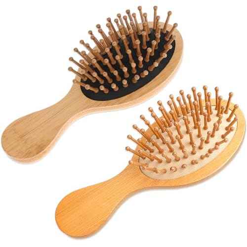 2 PCS Bamboo Brush for Hair Growth, Mini Bamboo Brush Anti-Static Mini Hair Brushs Massage Scalp Detangling Brushs Natural Wooden Pocket Travel Small Hairs Brushes for All Hairs