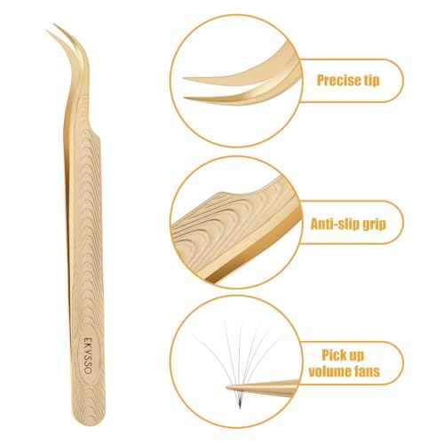 Lash Tweezers for Eyelash Extension, Professional Lash Extension Tweezer Set, High Precision Eyelash Tweezers for Volume Eyelash Extensions (Gold, 5PCS Set)