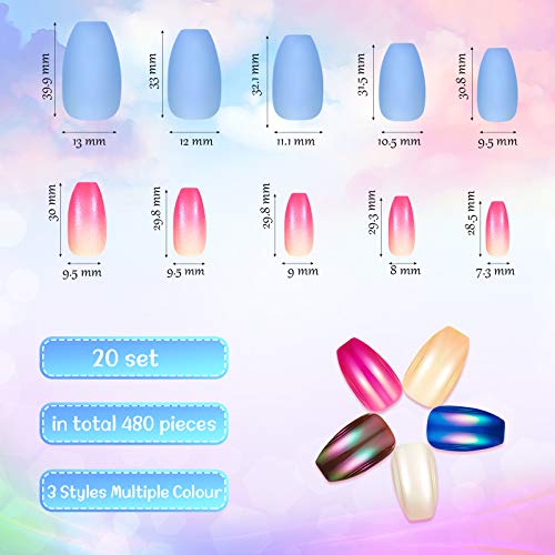 Maitys 480 Pieces 20 Sets Short Press on Nails Medium Square Nails Artificial Fake Nails Ballerina Coffin Full Cover Gradient Solid Color False Nails Tips for Women Girls DIY(Matte and Gradient)